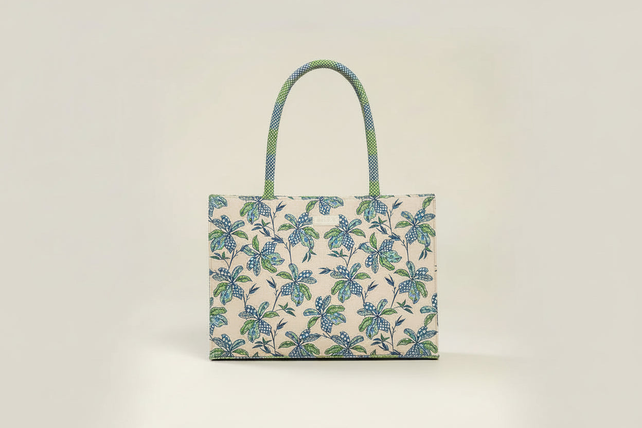 Cream Blue-Green Floral Tote Bag – Large Botanical Print Shoulder Bag