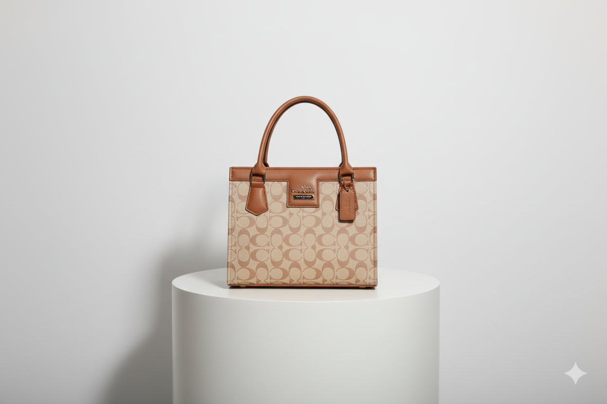 Beige Monogram Mini Tote Bag (Top Handle) with Gold Logo Detail