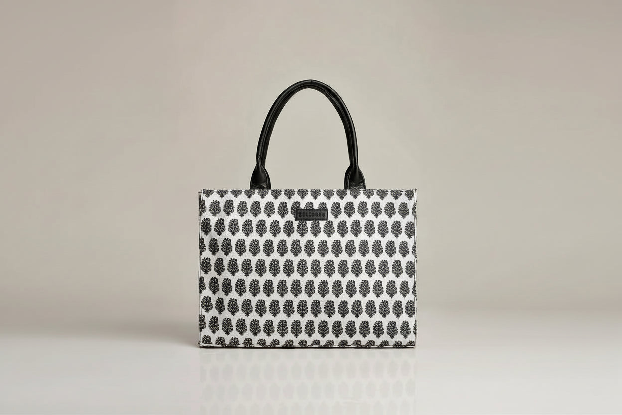 White & Black Block Print Tote Bag – Minimal Floral Motif Shoulder Bag