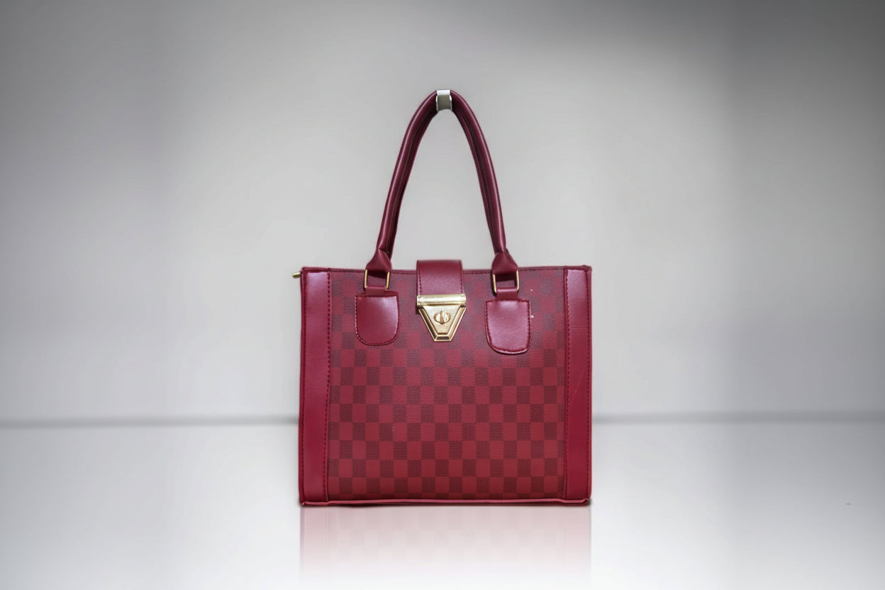 Maroon Checkered Structured Tote Bag with Gold Lock Detail