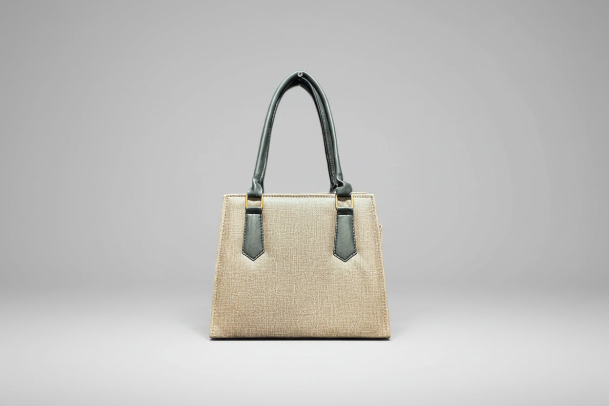 Beige Textured Shoulder Tote Bag with Black Handles (Gold Hardware)