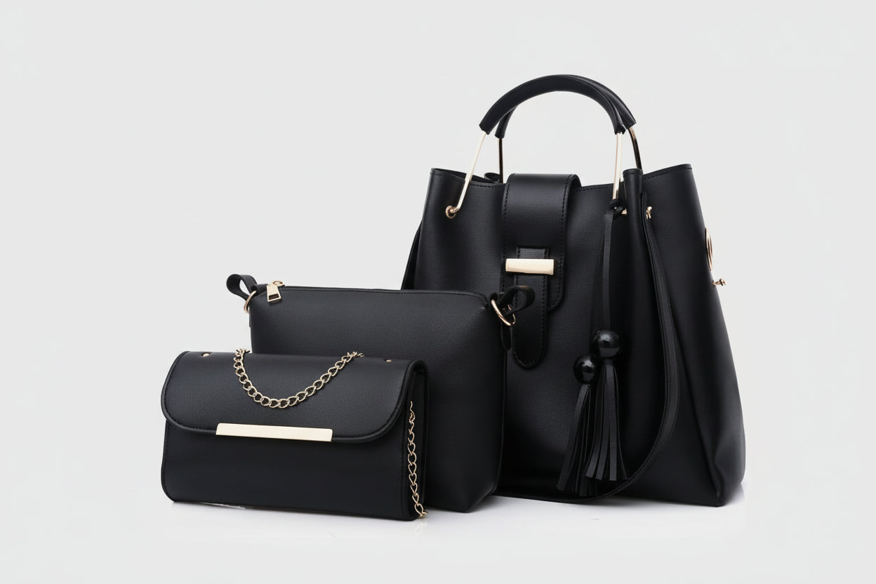 Pink 3-Piece Bag Set (Bucket Bag + Pouch + Chain Wallet) with Tassel Charm