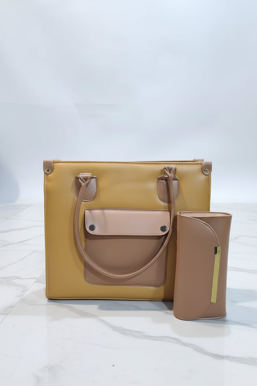 Navy & Tan 2-Piece Office Tote Set (Bag + Matching Wallet) with Shoulder Strap