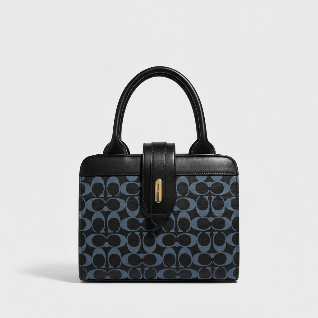 Black & White Monogram Mini Tote Bag with Strap Lock Detail