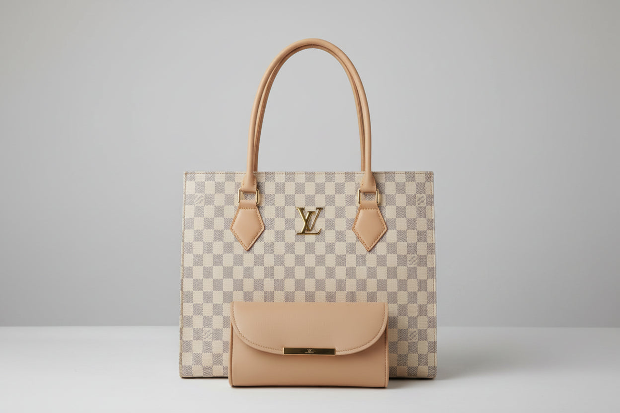 Brown Checkered Tote Set (Bag + Matching Wallet) with Gold Accent