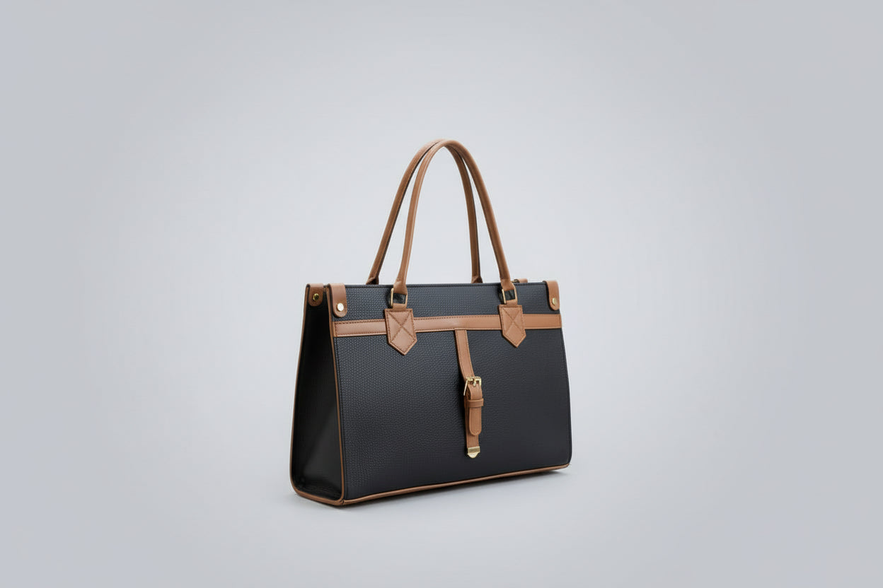Tan & Black Structured Office Tote Bag with Front Lock Strap (Gold Hardware)
