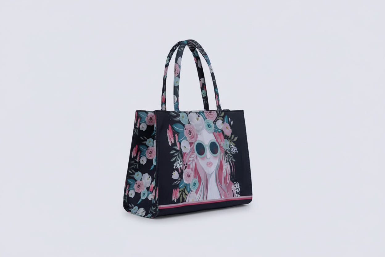 Black Floral Girl Print Tote Bag – Trendy Illustrated Canvas Handbag