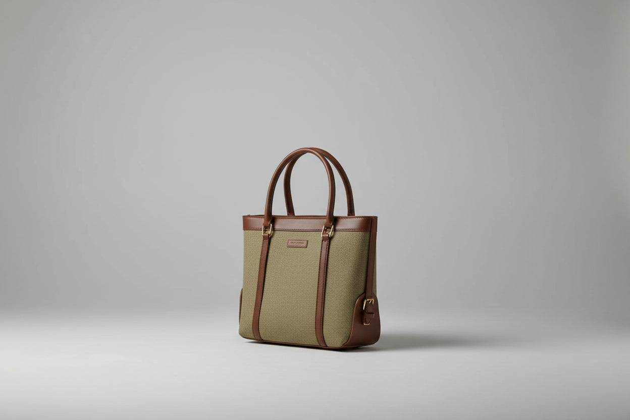 Classic Canvas & Faux Leather Tote Bag – Olive Brown Structured Carryall