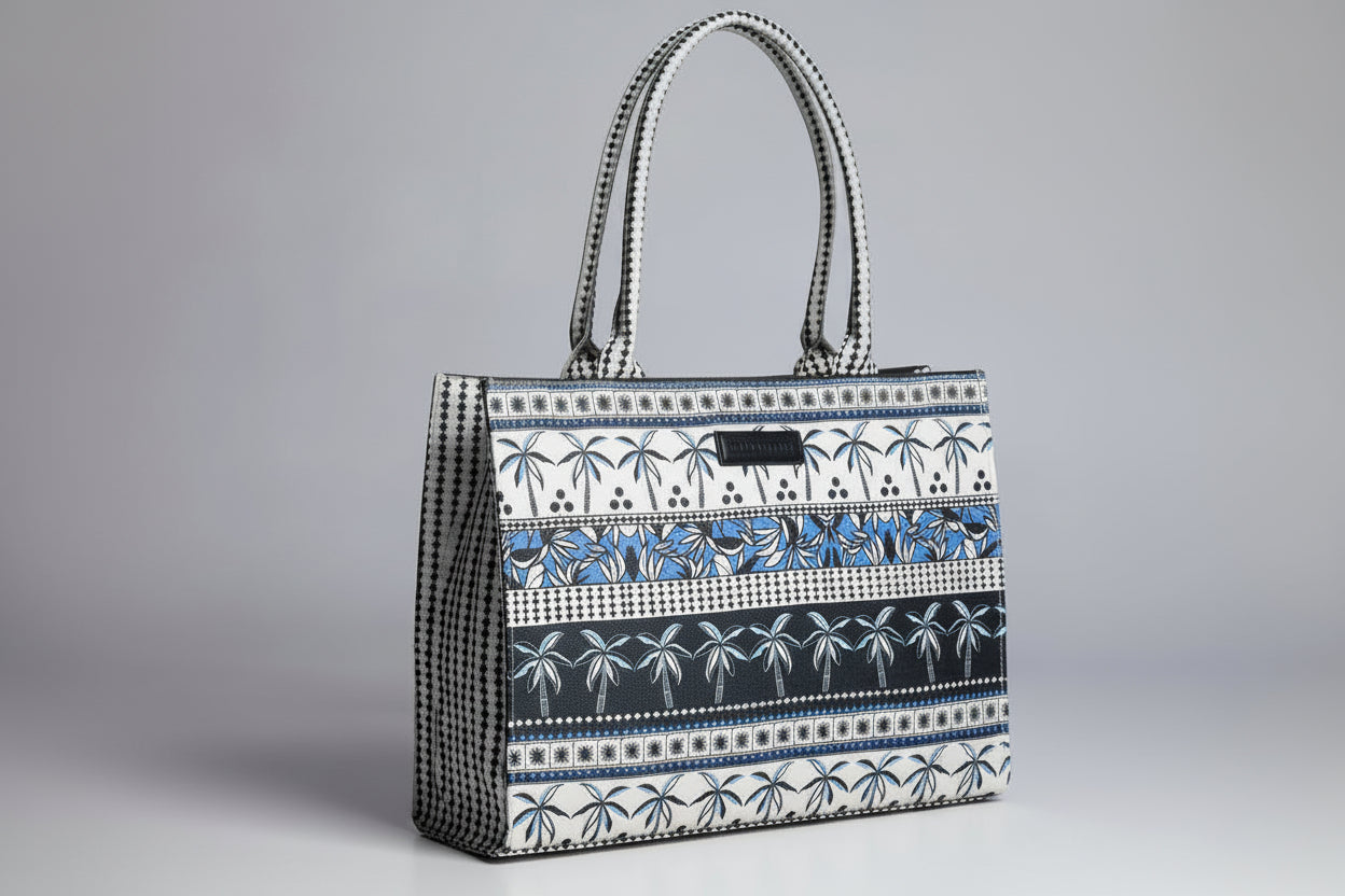 Blue & Black Palm Stripe Tote Bag – Printed Canvas Style Shoulder Bag