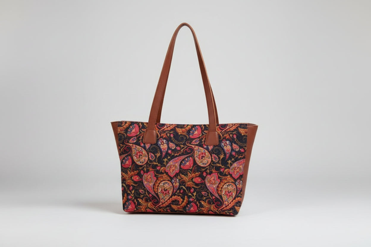 Black Paisley Print Tote Bag with Brown Handles