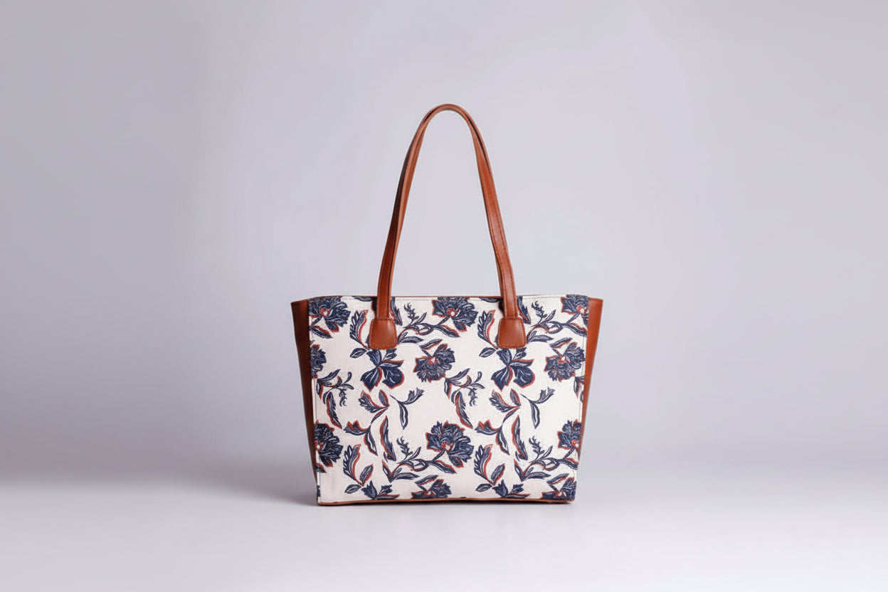 White Blue Floral Tote Bag – Brown Handle Structured Shoulder Handbag