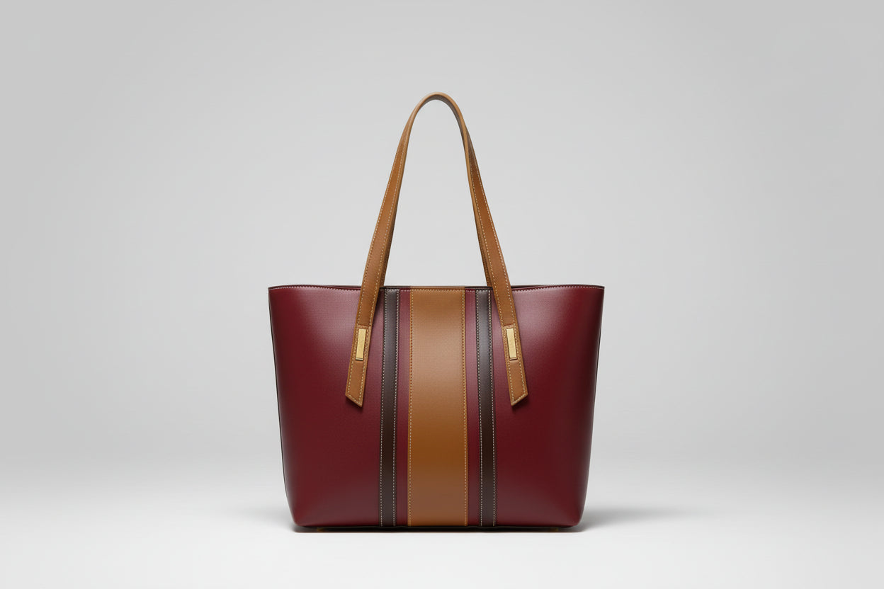 Tan Statement Tote Bag with Black Stripe (Long Shoulder Handles)