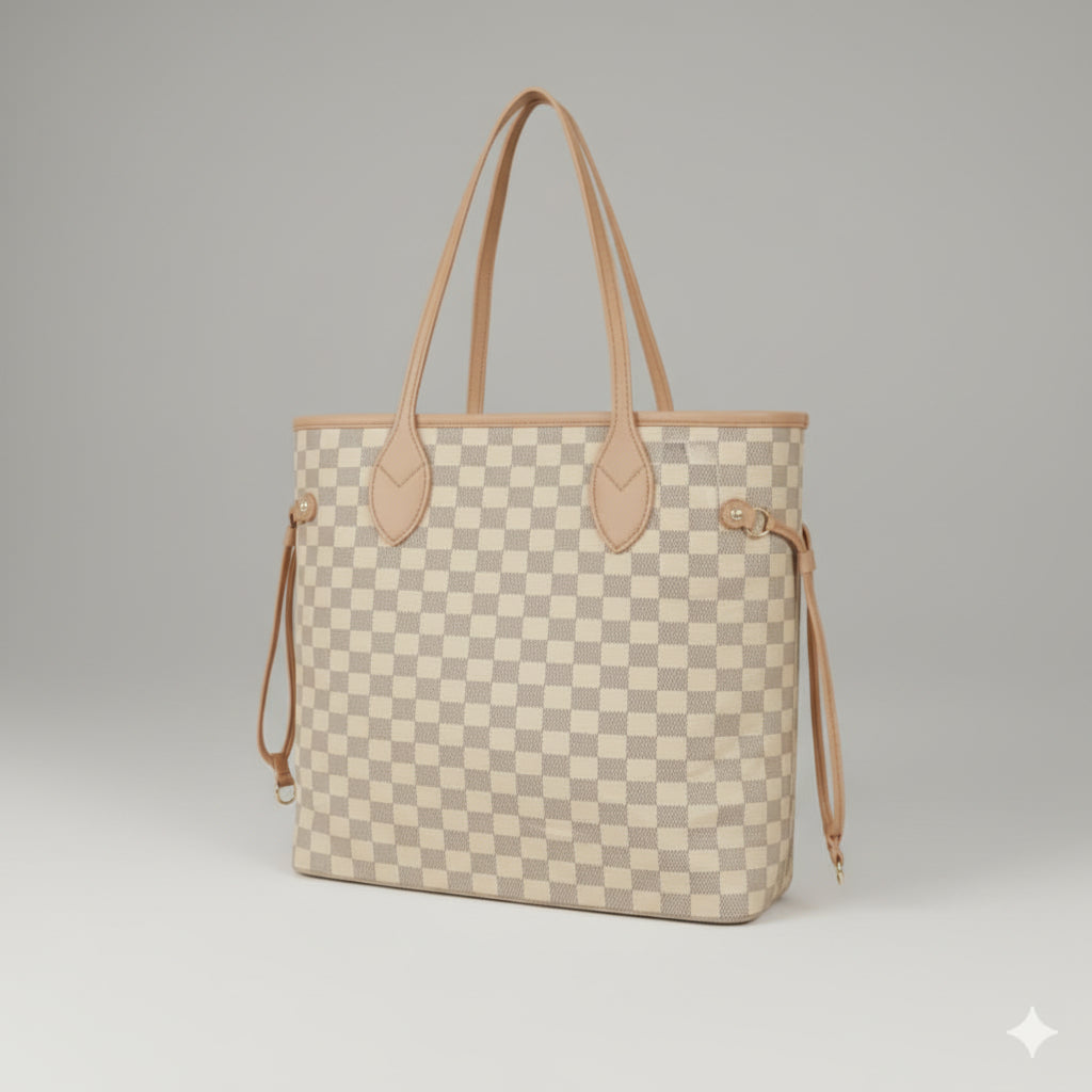 Brown Checkered Shoulder Tote Bag with Tan Handles
