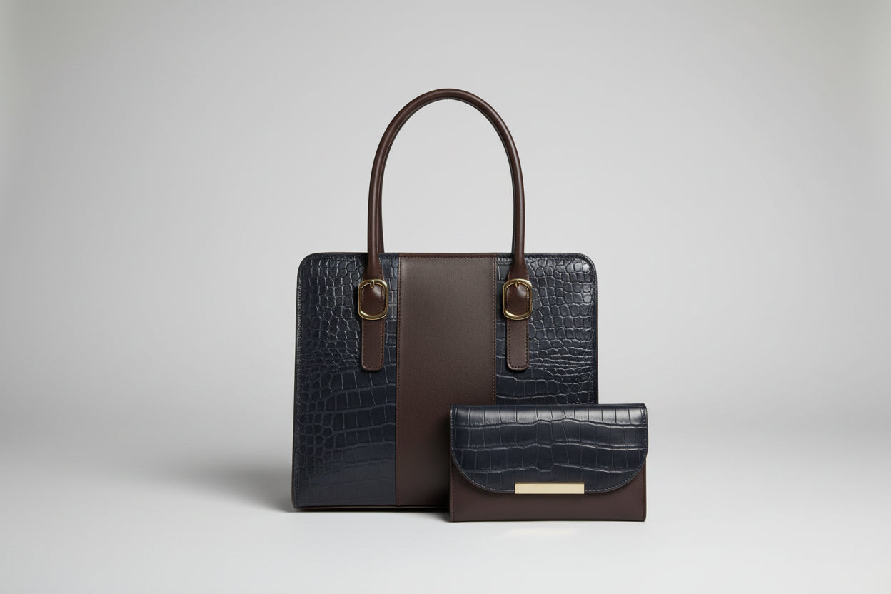 Black Croc-Textured Office Tote Set (Bag + Matching Pouch) with Brown Handles