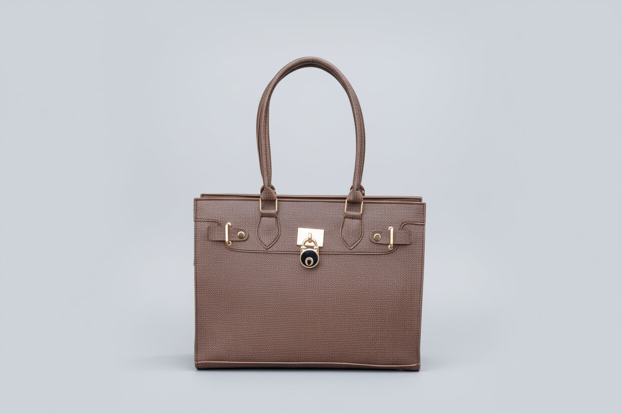 Black Textured Mini Tote Bag with Lock Detail (Gold Hardware)