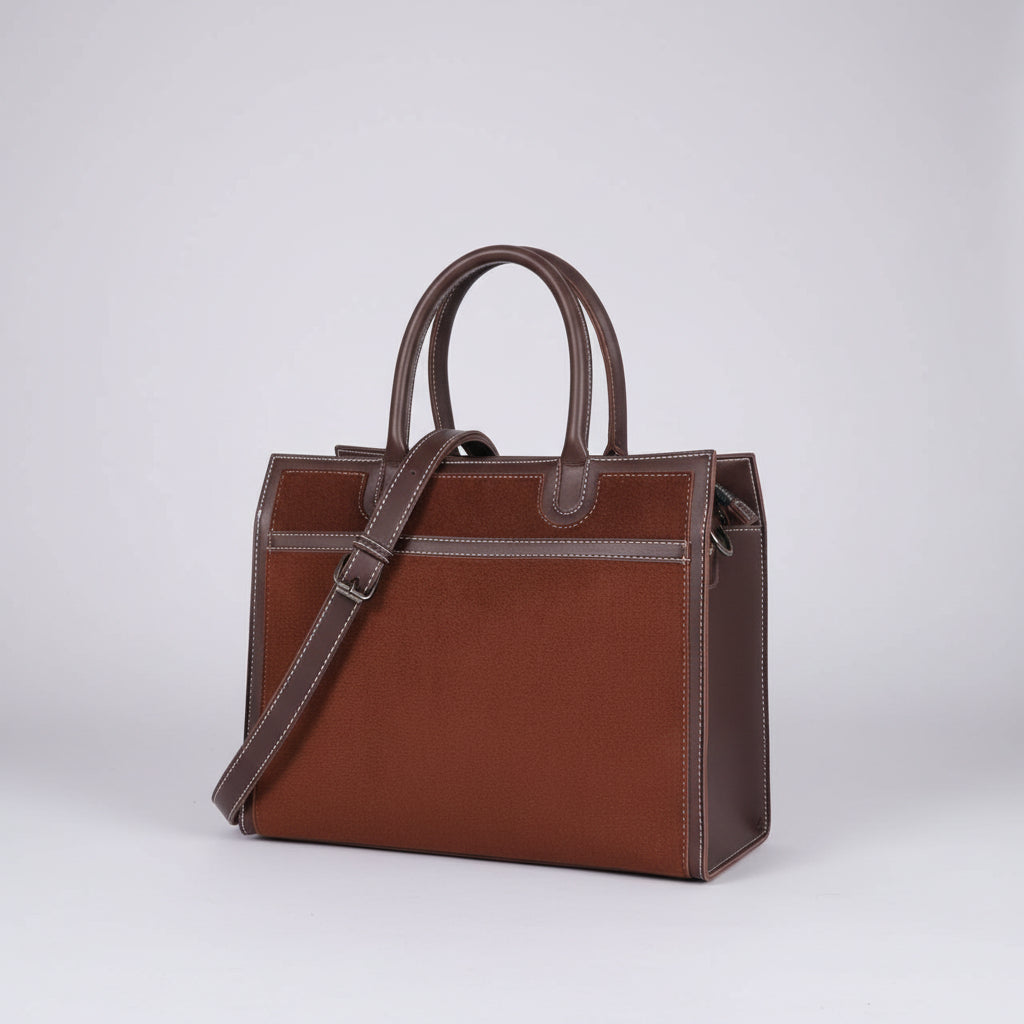 Tri-Tone Structured Tote Bag (Black, Tan & Brown) with Detachable Shoulder Strap