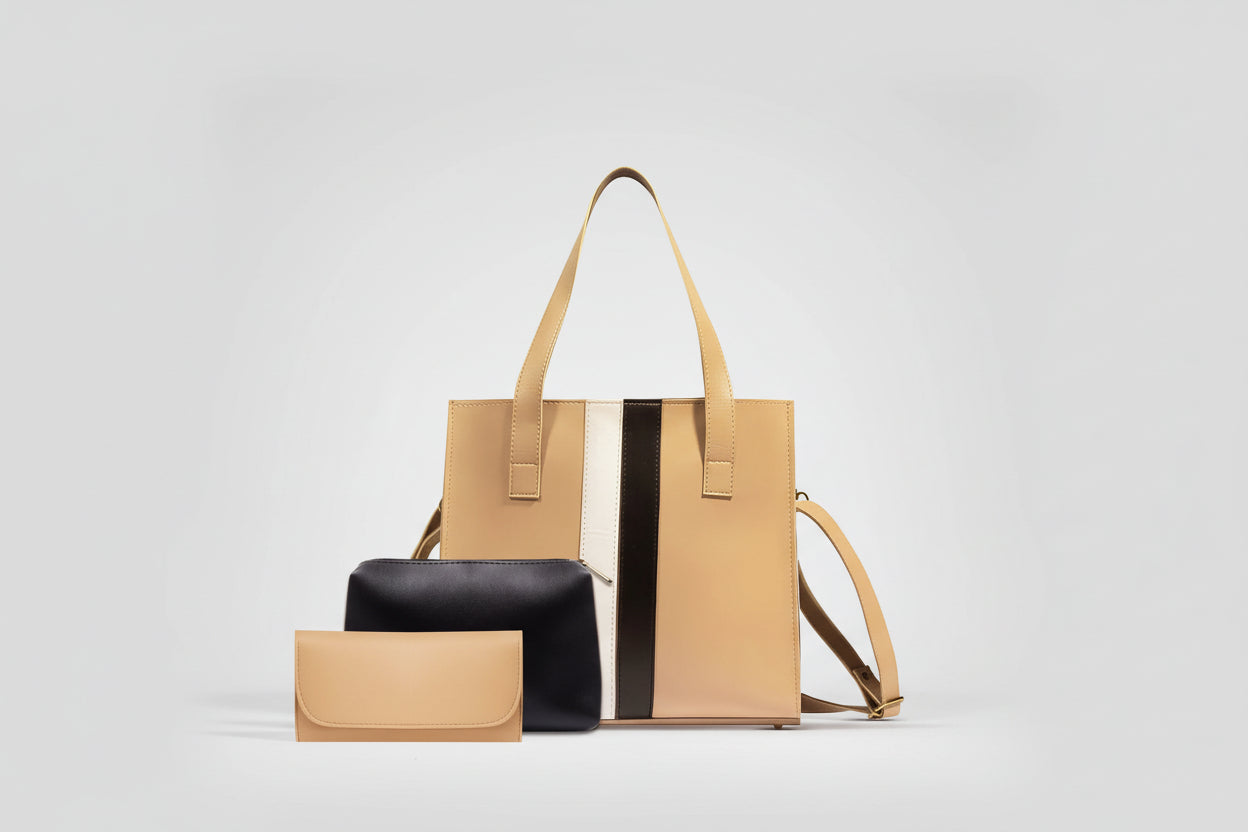 : Beige 3-Piece Tote Set with Stripe Detail (Bag + Pouch + Wallet)