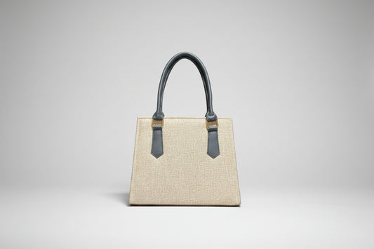 Beige Textured Shoulder Tote Bag with Black Handles (Gold Hardware)
