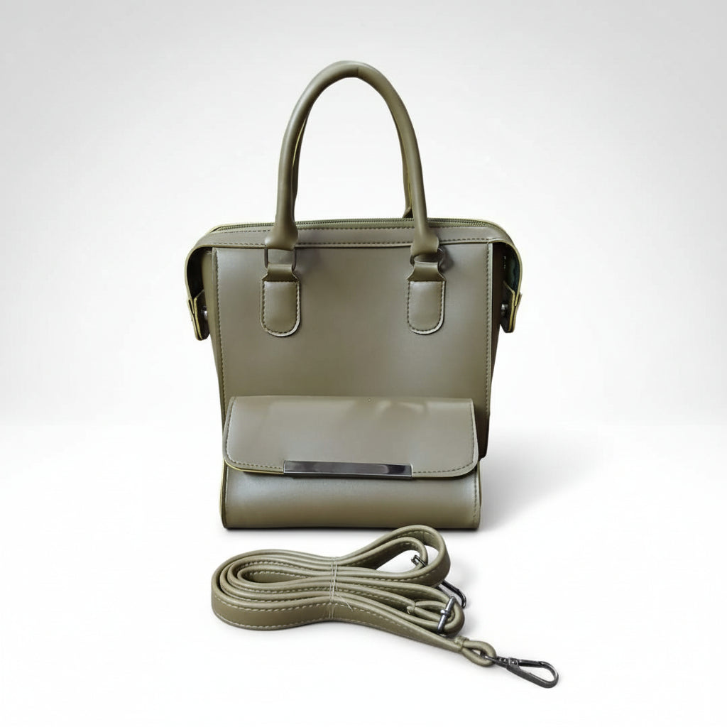 Beige 2-Piece Satchel Set (Handbag + Matching Wallet) with Detachable Strap