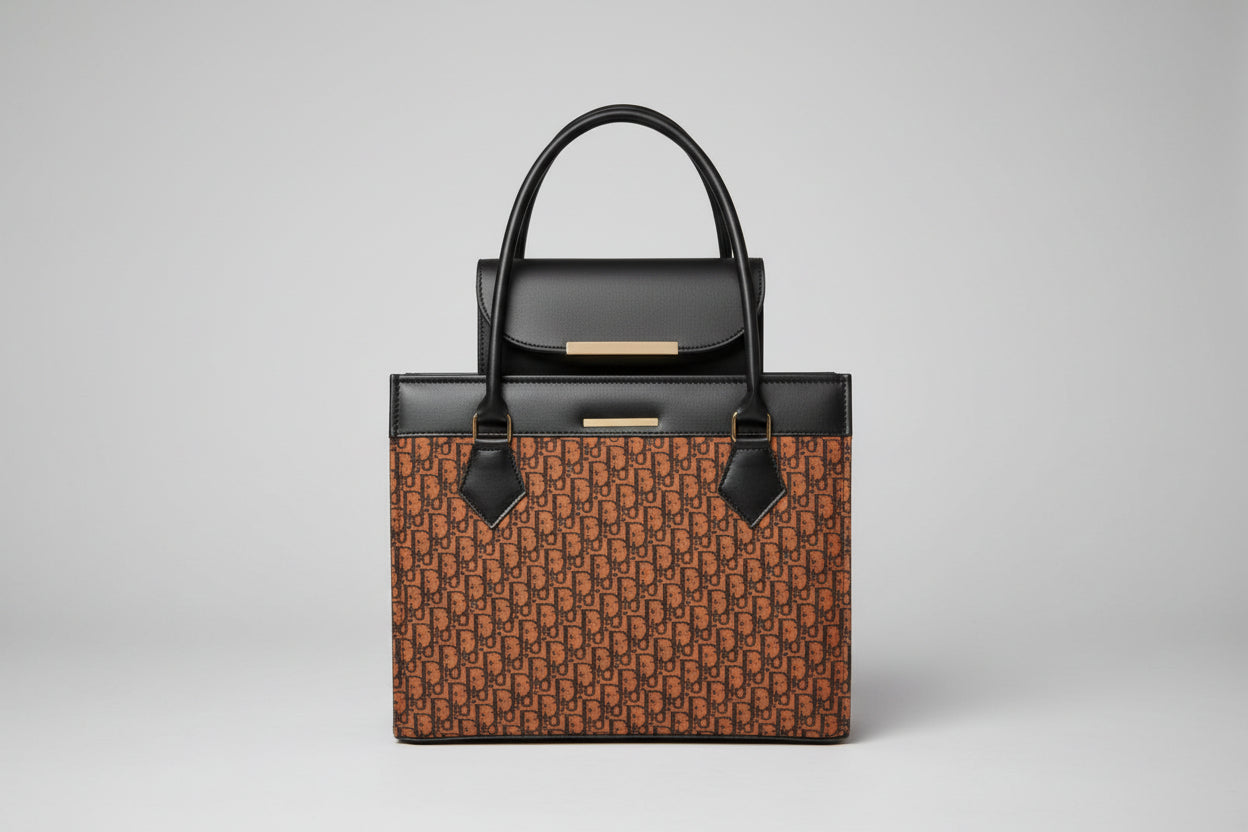 Brown Monogram Office Tote Set (Bag + Matching Wallet) with Gold Hardware