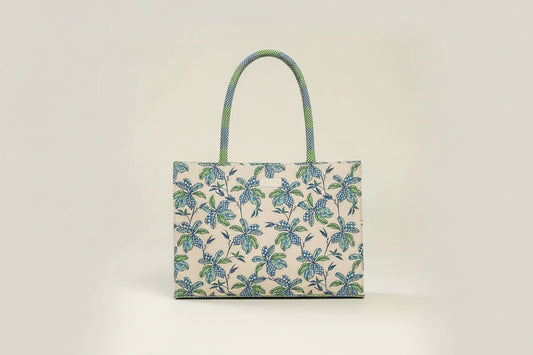 Cream Blue-Green Floral Tote Bag – Large Botanical Print Shoulder Bag