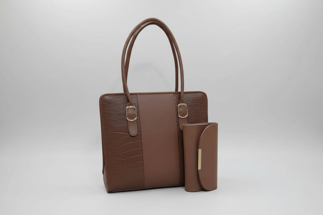 Black Croc-Textured Office Tote Set (Bag + Matching Pouch) with Brown Handles