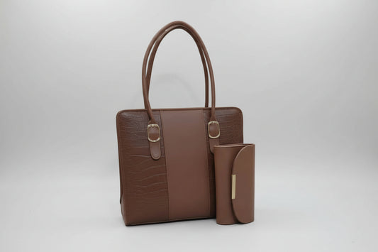 Black Croc-Textured Office Tote Set (Bag + Matching Pouch) with Brown Handles