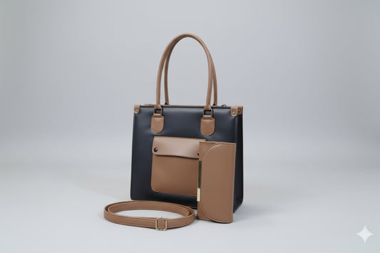 Navy & Tan 2-Piece Office Tote Set (Bag + Matching Wallet) with Shoulder Strap