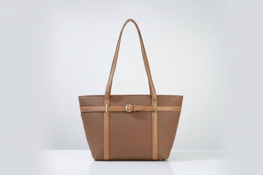 Tan Textured Office Tote Bag with Belt Detail (Gold Hardware)