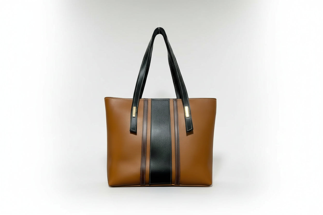 Tan Statement Tote Bag with Black Stripe (Long Shoulder Handles)