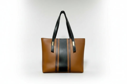 Tan Statement Tote Bag with Black Stripe (Long Shoulder Handles)
