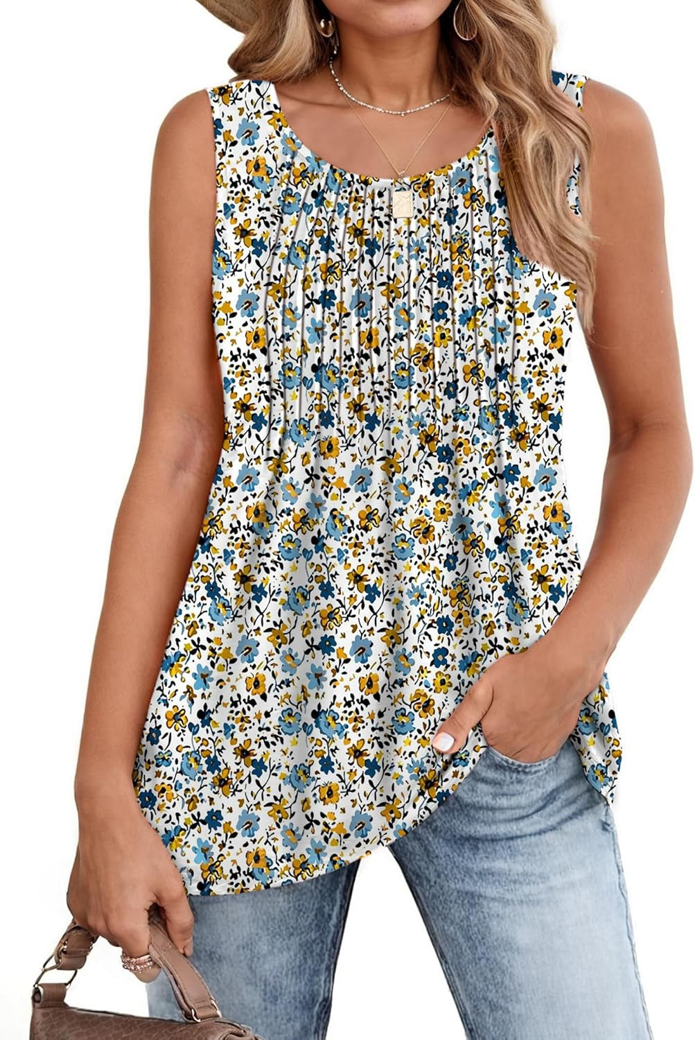 Women'S Summer Tank Tops 2025 Pleated Crew Neck Floral Solid Loose Fit Casual Sleeveless Flowy Boho Tunic Shirts