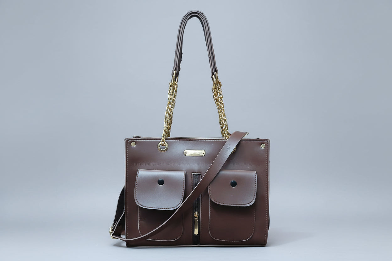 Black Chain-Handle Shoulder Bag with Front Pockets (With Crossbody Strap)