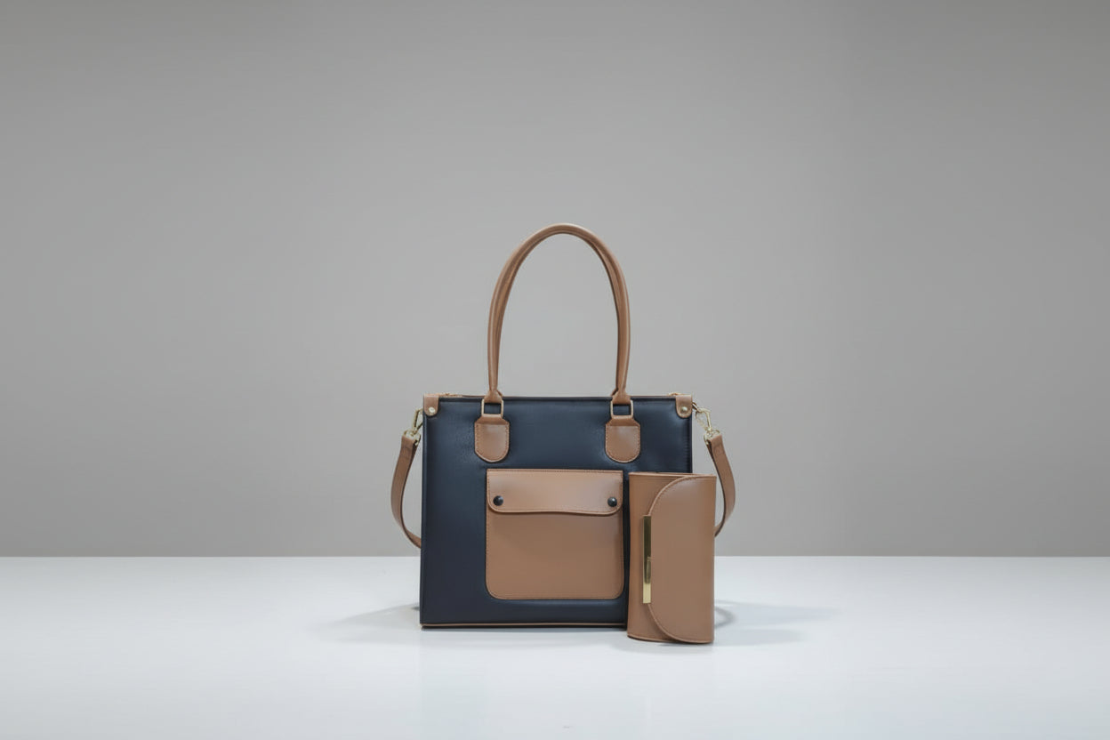 Navy & Tan 2-Piece Office Tote Set (Bag + Matching Wallet) with Shoulder Strap