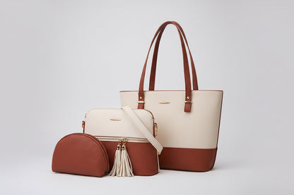 Maroon & Black 3-Piece Tote Set (Tote + Crossbody + Pouch) with Tassel Detail