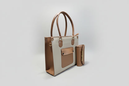 Cream & Tan Office Tote Set (Bag + Matching Wallet) with Shoulder Strap