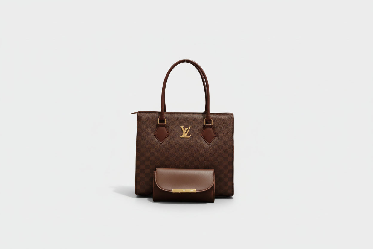 Brown Checkered Tote Set (Bag + Matching Wallet) with Gold Accent
