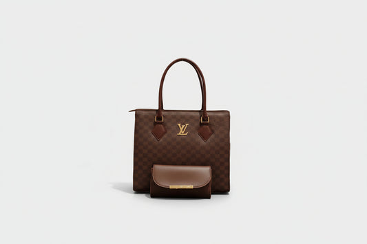 Brown Checkered Tote Set (Bag + Matching Wallet) with Gold Accent