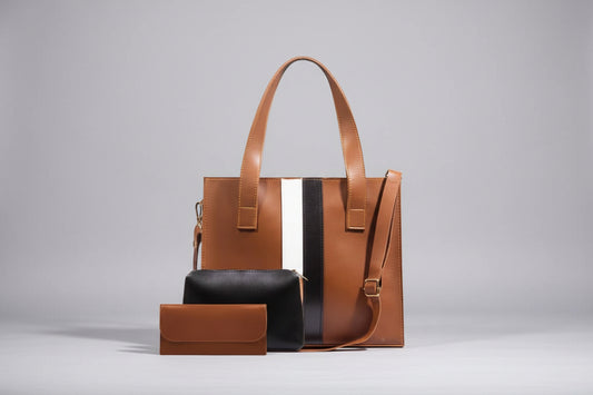 Maroon 3-Piece Tote Set with Stripe Detail (Bag + Pouch + Wallet)