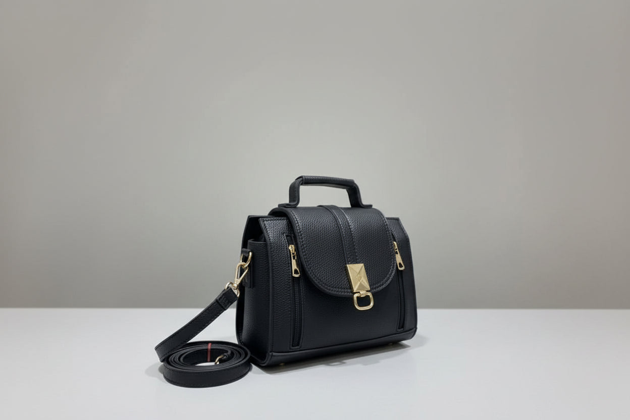 Black Mini Top-Handle Crossbody Bag with Flap Lock (Gold Hardware)