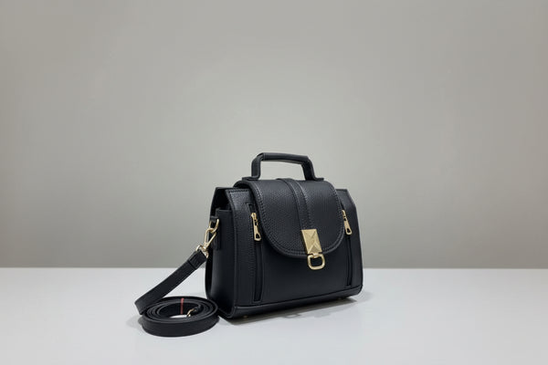 Black Mini Top-Handle Crossbody Bag with Flap Lock (Gold Hardware)