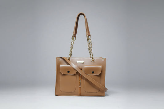 Black Chain-Handle Shoulder Bag with Front Pockets (With Crossbody Strap)