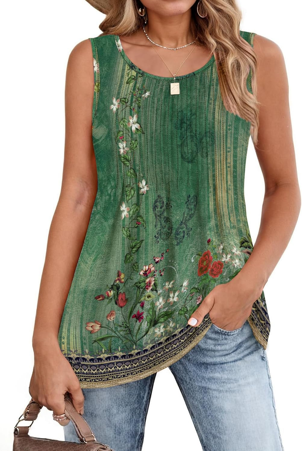 Women'S Summer Tank Tops 2025 Pleated Crew Neck Floral Solid Loose Fit Casual Sleeveless Flowy Boho Tunic Shirts