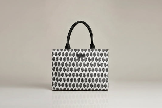 White & Black Block Print Tote Bag – Minimal Floral Motif Shoulder Bag