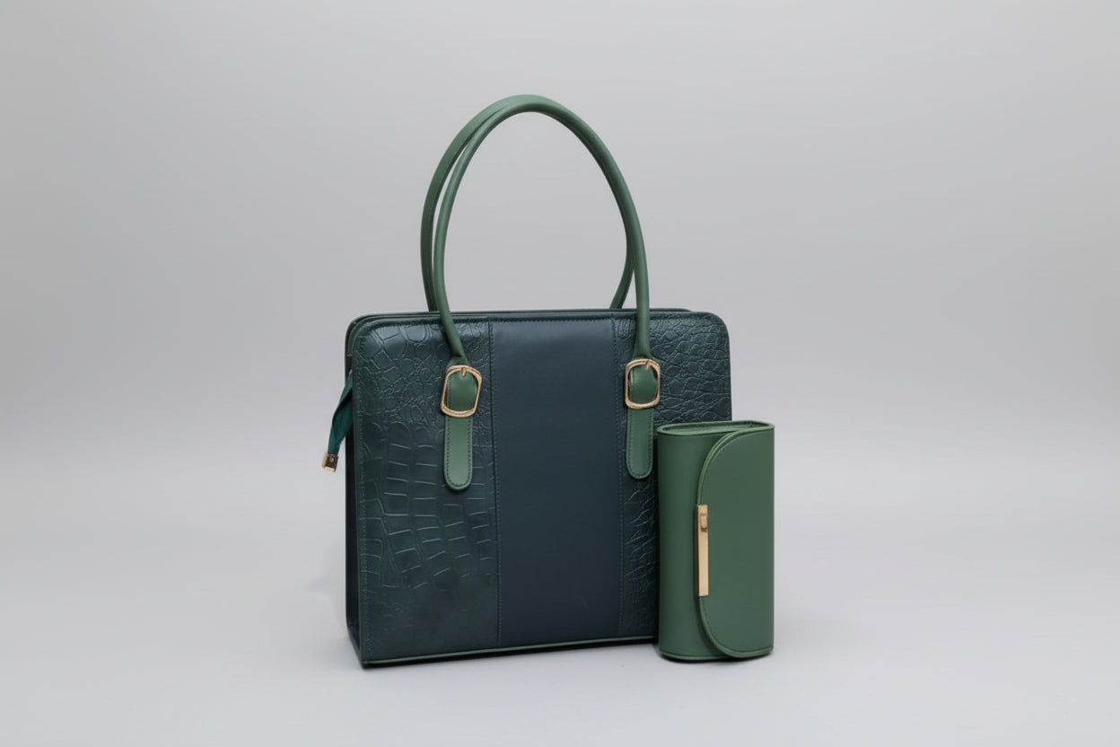 Black Croc-Textured Office Tote Set (Bag + Matching Pouch) with Brown Handles