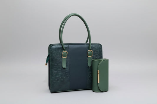 Black Croc-Textured Office Tote Set (Bag + Matching Pouch) with Brown Handles