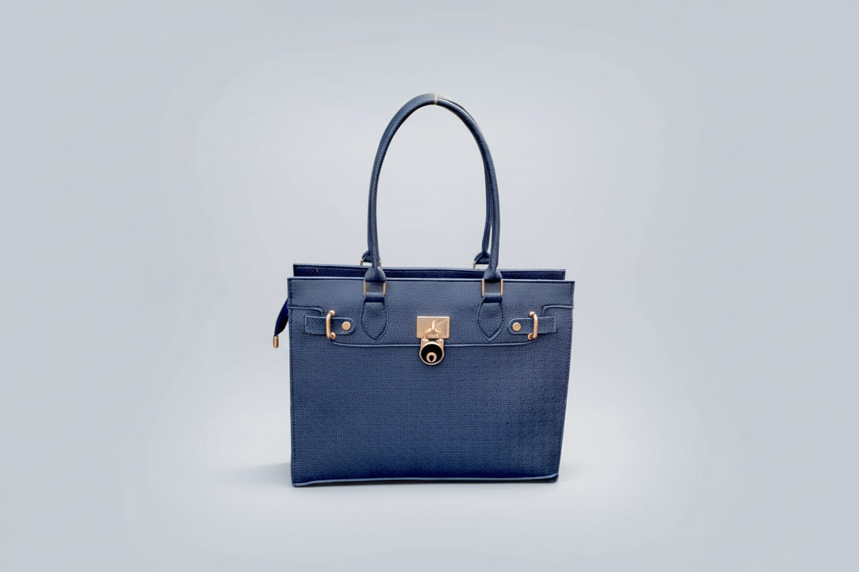 Black Textured Mini Tote Bag with Lock Detail (Gold Hardware)