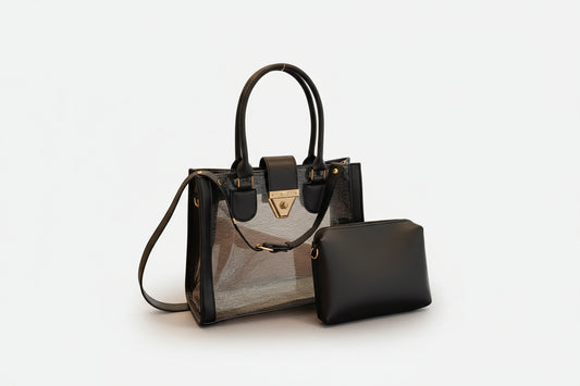 Transparent Black Clear Tote Bag Set (Bag + Matching Pouch) with Gold Lock