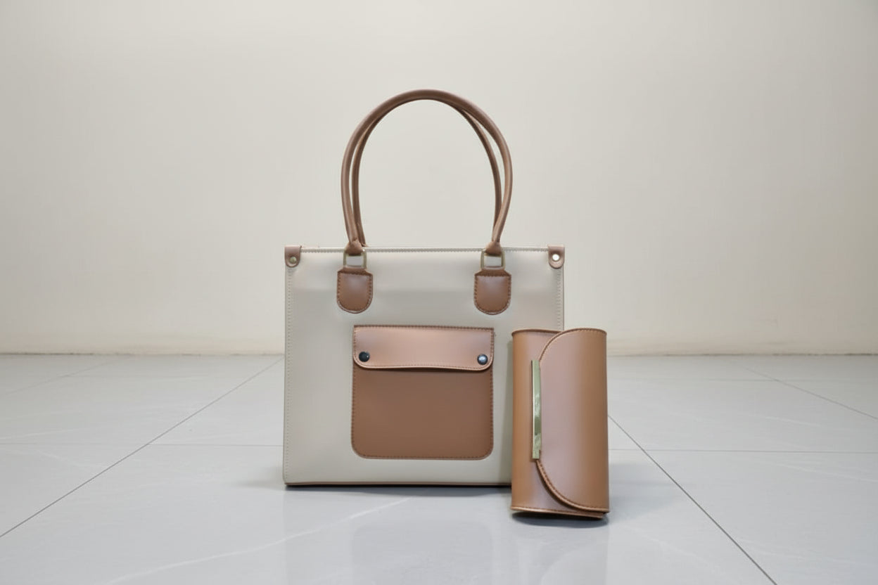 Navy & Tan 2-Piece Office Tote Set (Bag + Matching Wallet) with Shoulder Strap