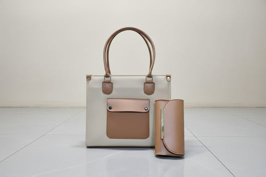 Navy & Tan 2-Piece Office Tote Set (Bag + Matching Wallet) with Shoulder Strap